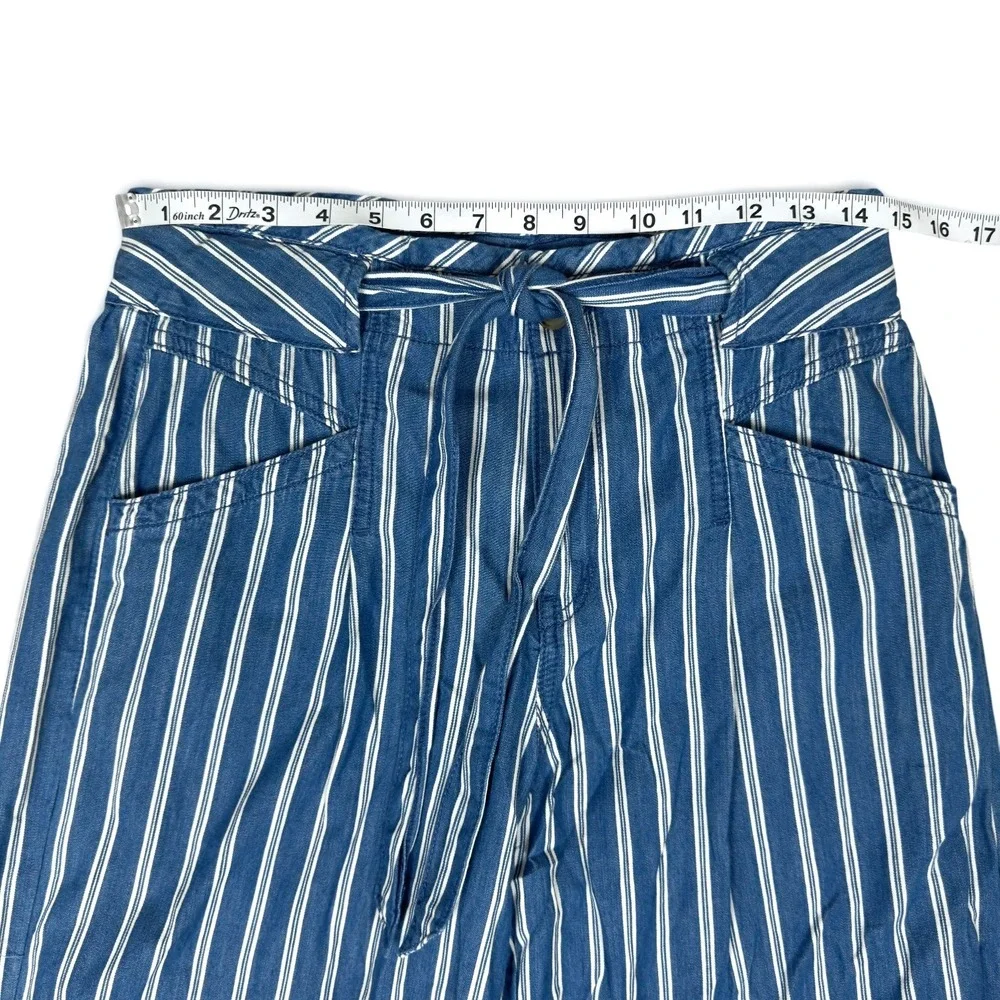 American Eagle Wide Leg Pants 6 Blue White Striped Cotton Tie Waist High Rise - Picture 6 of 10